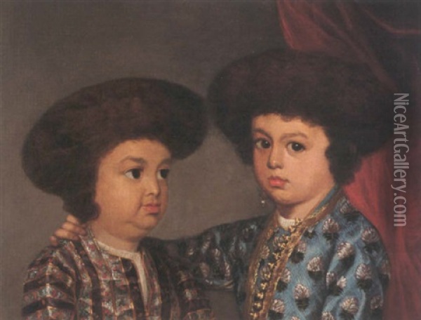 Portrait Of Two Indian Brothers Wearing Brocade Coats And Fur Hats Oil Painting - Thomas Hickey