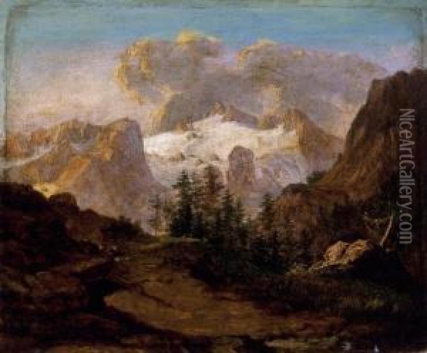 Landscape In The Alps Oil Painting - Antal Ligeti