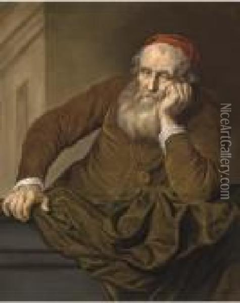 Portrait Of An Old Man, Half-length, Wearing A Red Hat Oil Painting - Govert Teunisz. Flinck