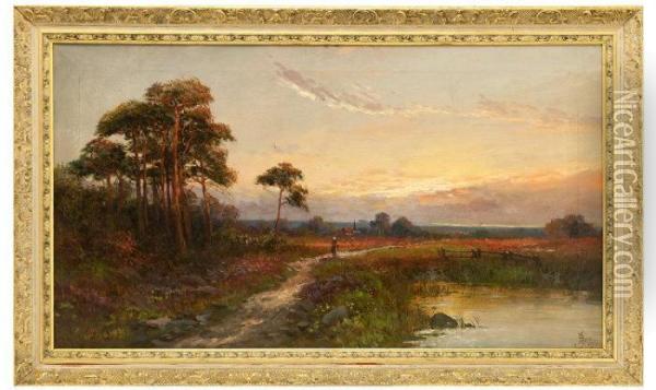 Sunset Over A Landscape With Figure On A Path Oil Painting - John Henry Boel