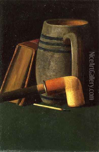 Book, Mug, Pipe and Match Oil Painting - John Frederick Peto