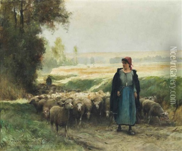 A Shepherd Girl Guiding A Flock Of Sheep Oil Painting - Julien Dupre