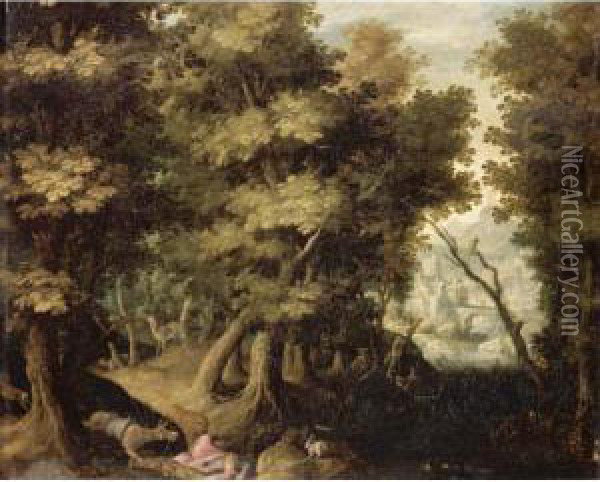 Landscape With The Death Of The Disobedient Prophet Oil Painting - Gillis van Coninxloo