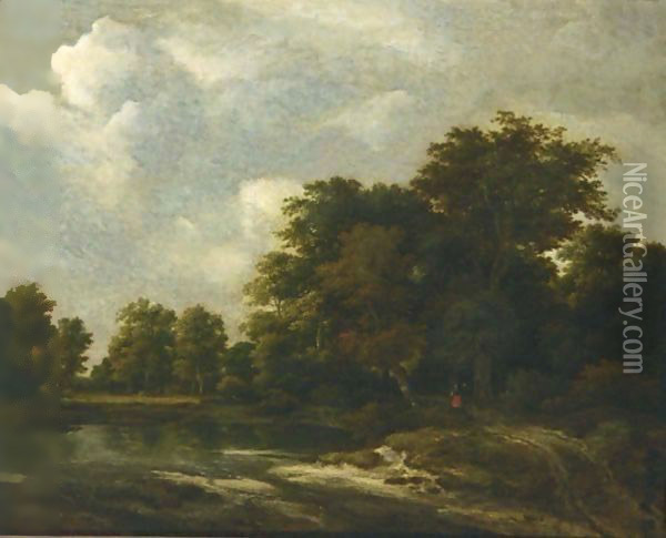 A Wooded Landscape With A Pond And Figures On A Path Near Trees Oil Painting - Jacob Van Ruisdael
