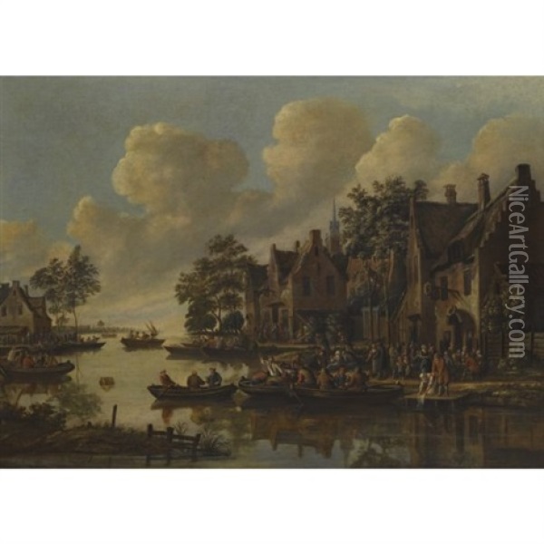 A Village On The Banks Of A River With Numerous People Drinking Outside An Inn Oil Painting - Thomas Heeremans