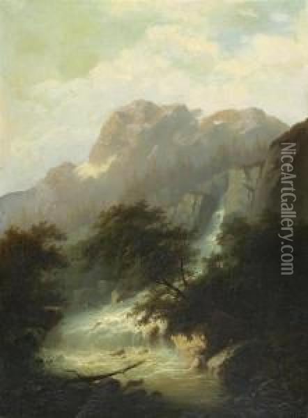 Wetterhorn Mit Wasserfall. Oil Painting - Francois Roffiaen