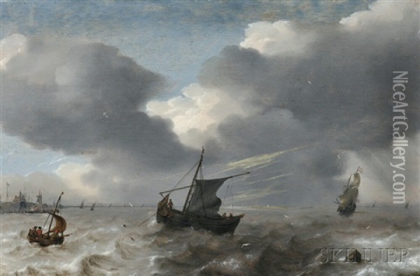 Vessels In Rough Seas Off The Dutch Coast Oil Painting - Simon De Vlieger