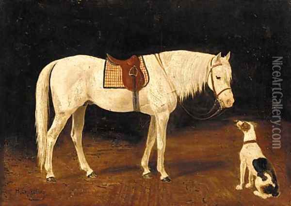 A saddled grey hunter with a dog in a yard Oil Painting - Heinrich Sperling