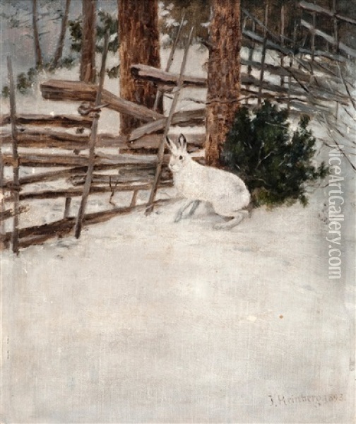 A Hare In A Winter Landscape Oil Painting - Johan Reinberg