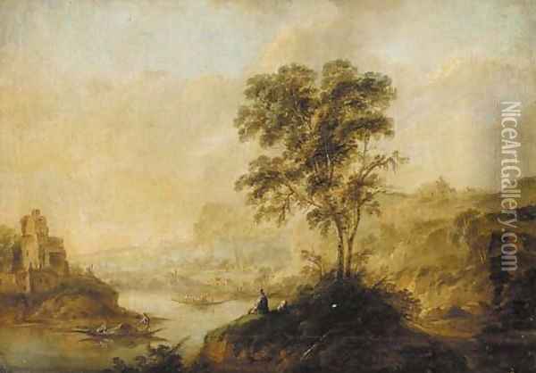 Figures at a river in an Italianate landscape Oil Painting - Jan Van Huysum