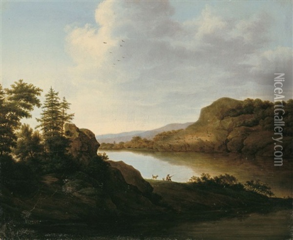 Flusslandschaft Mit Angler Oil Painting - Carl Heinrich Arnold