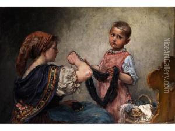 Junges Madchen Mit Einem Knaben Beim Wollgarn Aufwickeln Oil Painting - Hedwig Grossmann