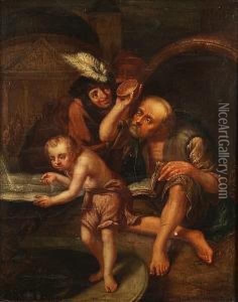 Diogenes Of Sinope Throwing Away His Bowl On Witnessing A Young Child Drinking Water From A Fountain With His Cupped Hand Oil Painting - Johannes Tielius