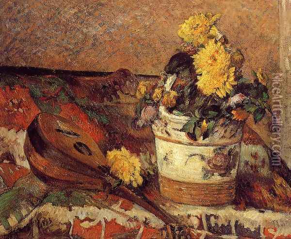 Dahlias And Mandolin Oil Painting - Paul Gauguin