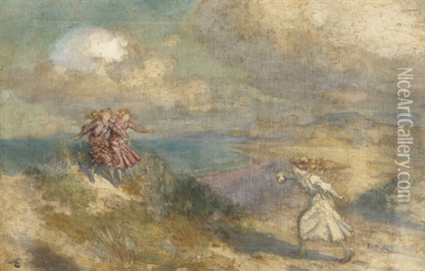 Three Girls Playing In The Sand Dunes Oil Painting - George Russell