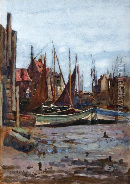 Fishing Boats And A Village Oil Painting - Frederick William Jackson