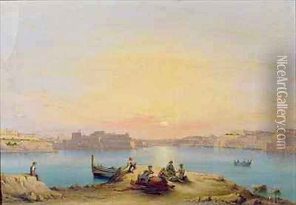 Valetta Harbour at Sunset Oil Painting - Henry Charles Ferro