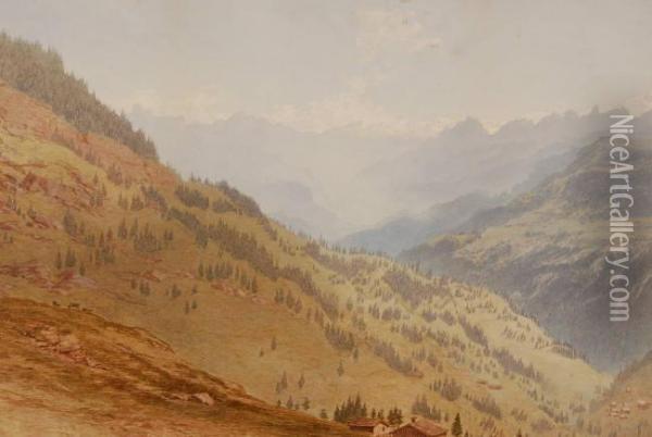 Extensive Alpine Mountain Landscape Oil Painting - Henry Anelay