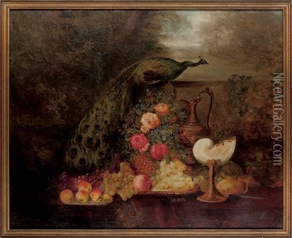 A Peacock, Roses, Wildflowers, Grapes, Apples, Peaches And A Pineapple On A Table, In An Extensive Landscape Oil Painting - William Duffield