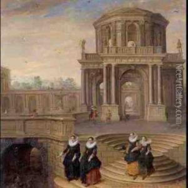 Capriccio Of A Baroque Palace With Elegant Figures Oil Painting - Dirck Van Delen