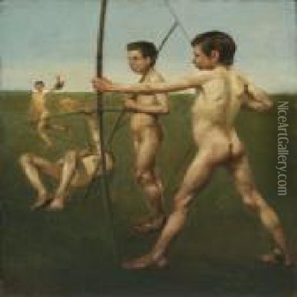 Young Naked Archers Oil Painting - Johan Rohde