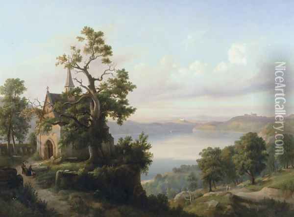 Church near the Lake Oil Painting - Christian Breslauer