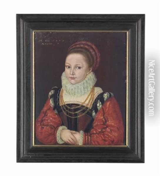 Portrait Of Elizabeth Smythe, Aged 7, Half-length, In A Brown And Black Dress With Red Sleeves, A Ruff, A Red Headdress, And A Gold Chain Oil Painting - Cornelis Ketel