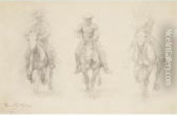 Study Of Three Men On Horseback Oil Painting - Rosa Bonheur