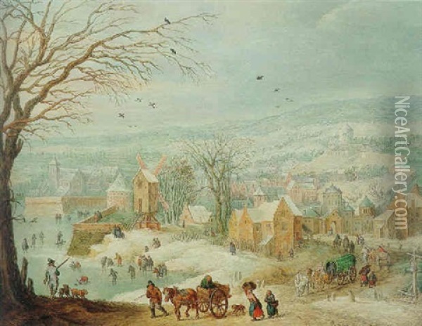 Extensive Winter Landscape With A Town And Figures Oil Painting - Karel Beschey