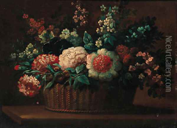 Carnations, roses and other flowers in a basket on a ledge Oil Painting - Anne Vallayer-Coster