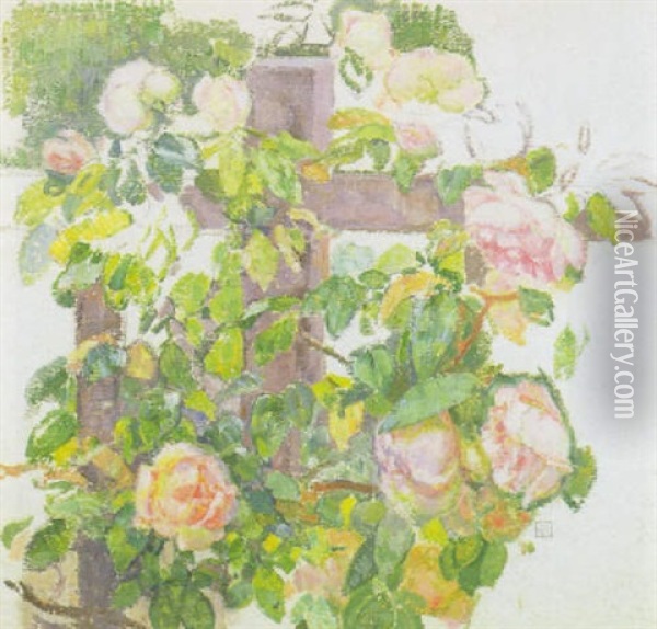 Roses On A Fence Post Oil Painting - Theo van Rysselberghe