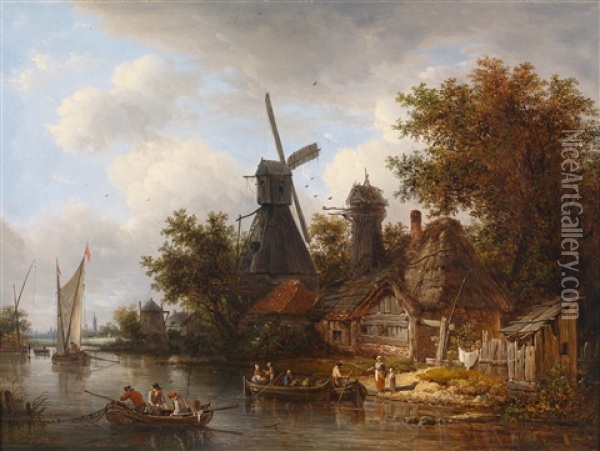 Hollandische Kanallandschaft Oil Painting - Victor de Grailly
