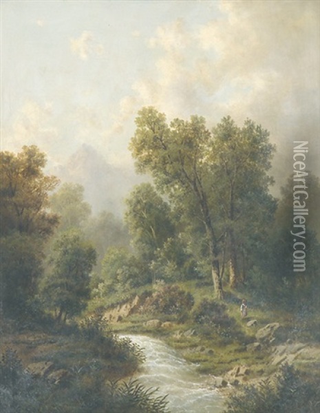 Alpenlandschaft Mit Junger Italienerin In Tracht Bei Einem Bach Oil Painting - Albert Lang