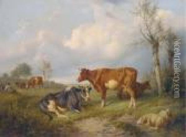 A Shepherd And His Dog With Cattle And Sheep In A Field Oil Painting - Charles Emile Jacque