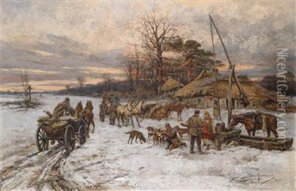 Village Landscape In Winter Oil Painting - Tadeusz Rybkovski