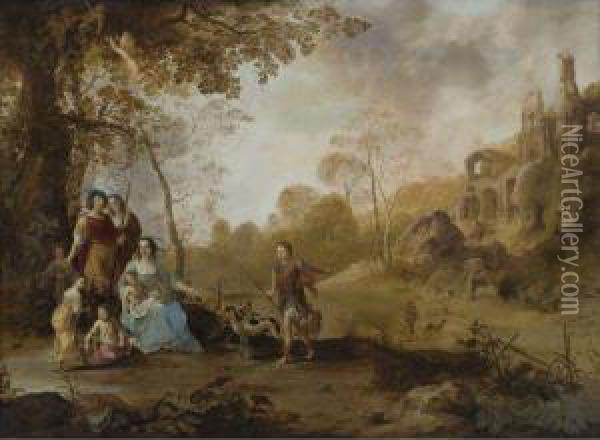 An Allegorical Family Portrait In A Landscape Oil Painting - Dirck Van Der Lisse