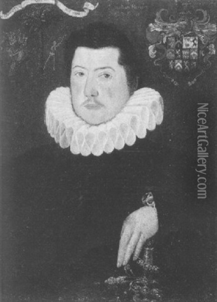 Portrait Of A Gentleman (sir William Herbert Of St. Julians?) Wearing A Black Tunic And White Ruff Collar Oil Painting - Hieronymus Custodis