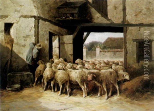 Heimkehrende Schafherde Unter Der Einfahrt Eines Alten Fachwerkhauses Oil Painting - Jules Bahieu