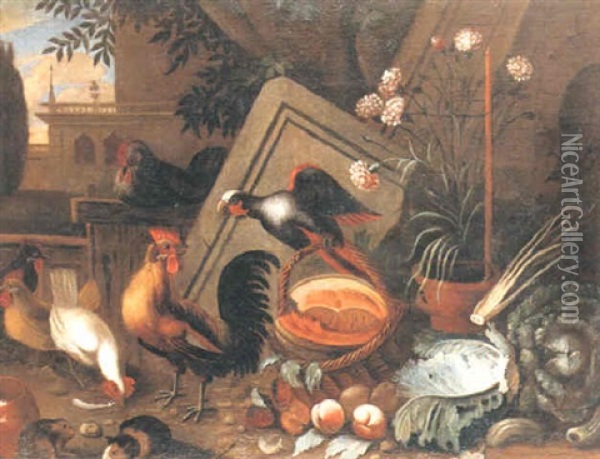 Stilleben Med Faglar, Frukt Och Blommor Oil Painting - Giovanni Agostino (Abate) Cassana