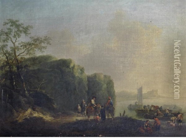 Figures On Horseback And Others Loading Barges Before A River Oil Painting - Johann Alexander Thiele