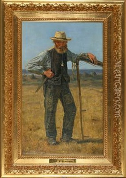 Farmer With Scythe Oil Painting - Valdemar Henrik Nicolaj Irminger