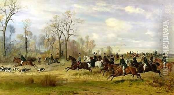 Emperor Franz Joseph I of Austria hunting to hounds with the Countess Larisch in Silesia Oil Painting - Emil Adam