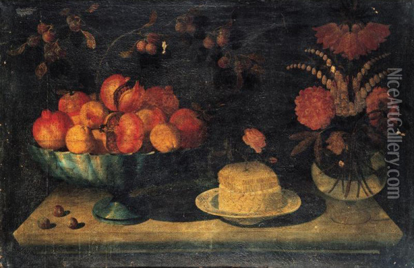 Still Life Of A Bowl Of Pomegranates And Peaches, Together With A White Cheese With A Honeycomb And Rose On A Porcelain Dish, With Flowers In A Glass Vase, Arranged Upon A Stone Table-top Oil Painting - Pseudo Hiepes