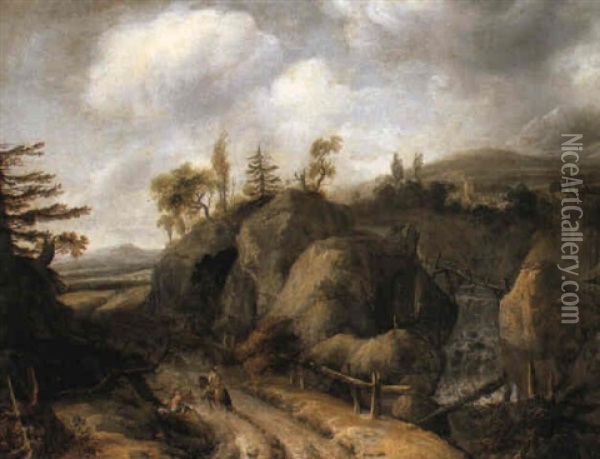 A Rocky Landscape With A Waterfall And A Beggar Oil Painting - Jan Looten