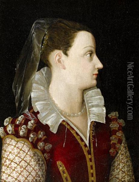 Portrait Of A Lady, Bust-length, In A Crimson Dress With A White Lace Collar Oil Painting - Alessandro Allori