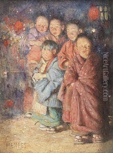 Japanese Children By Firelight Oil Painting - Mortimer Luddington Mempes