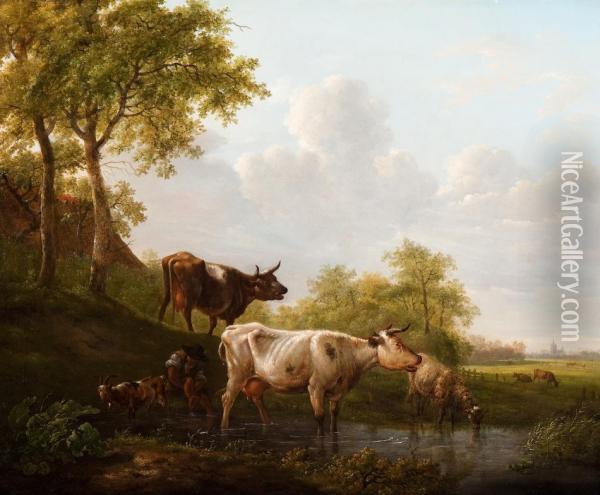 Cooling Off In The Pond By The Farm Oil Painting - Janbaptist Ii Kobell