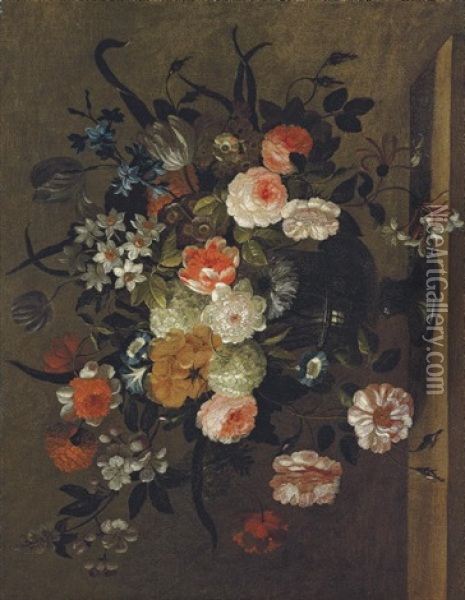 Roses, Carnations, Morning Glory, Bluebells, Honeysuckle And Other Flowers In A Classical Urn Oil Painting - Simon Hardime