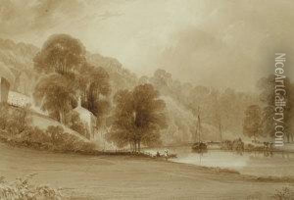 Sunlight Breaking Through Clouds, With Figures Boating On A River Oil Painting - Joseph Mallord William Turner
