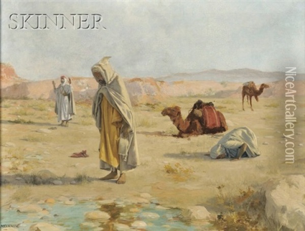 Grateful Homage (desert Landscape With Figures In Islamic Prayer) Oil Painting - Robert Van Vorst Sewell